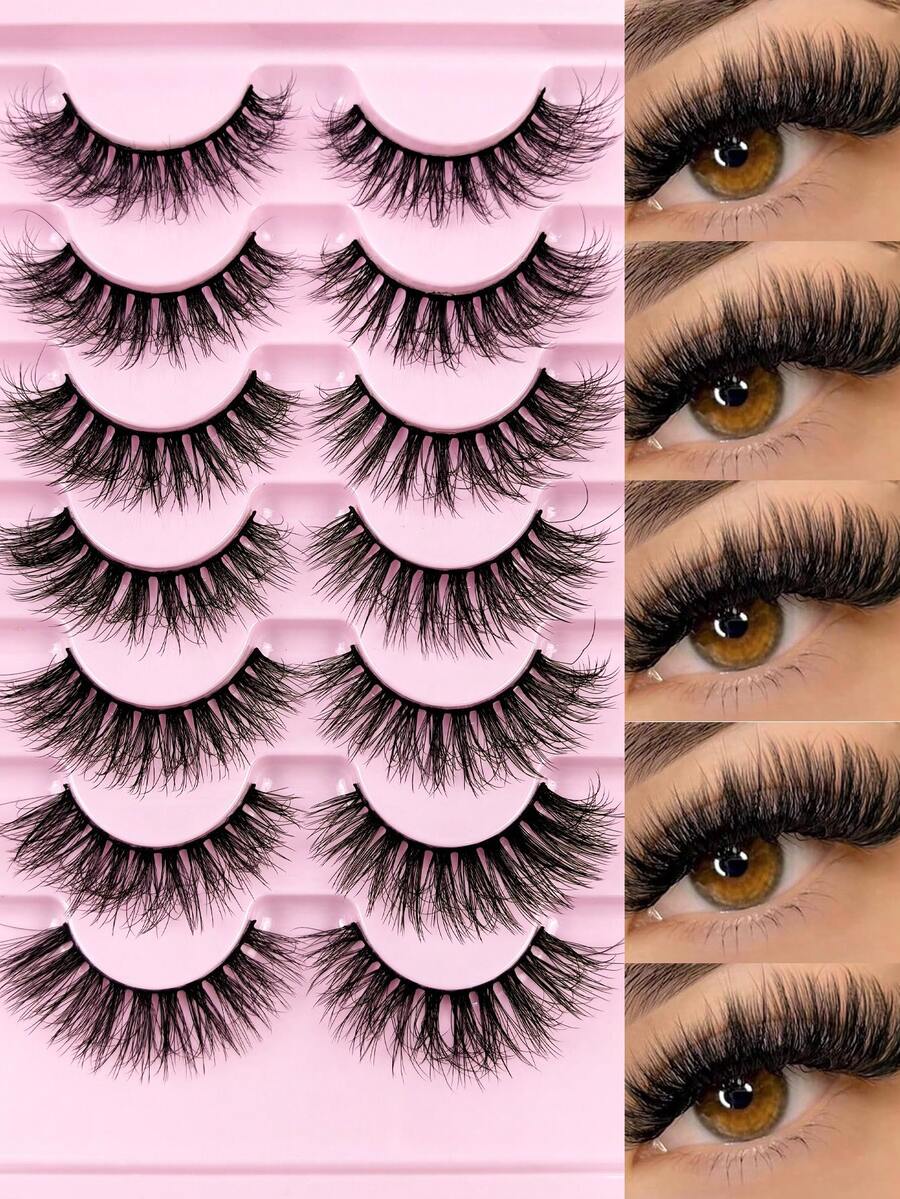 7 Pairs Fluffy Long False Eyelashes Black Band Faux Mink Lashes Cat Eye Lashes Manga Lashes Thick Soft Winged End Eye Elongated Eyelashes False Eyelashes, Strip Eyelashes
