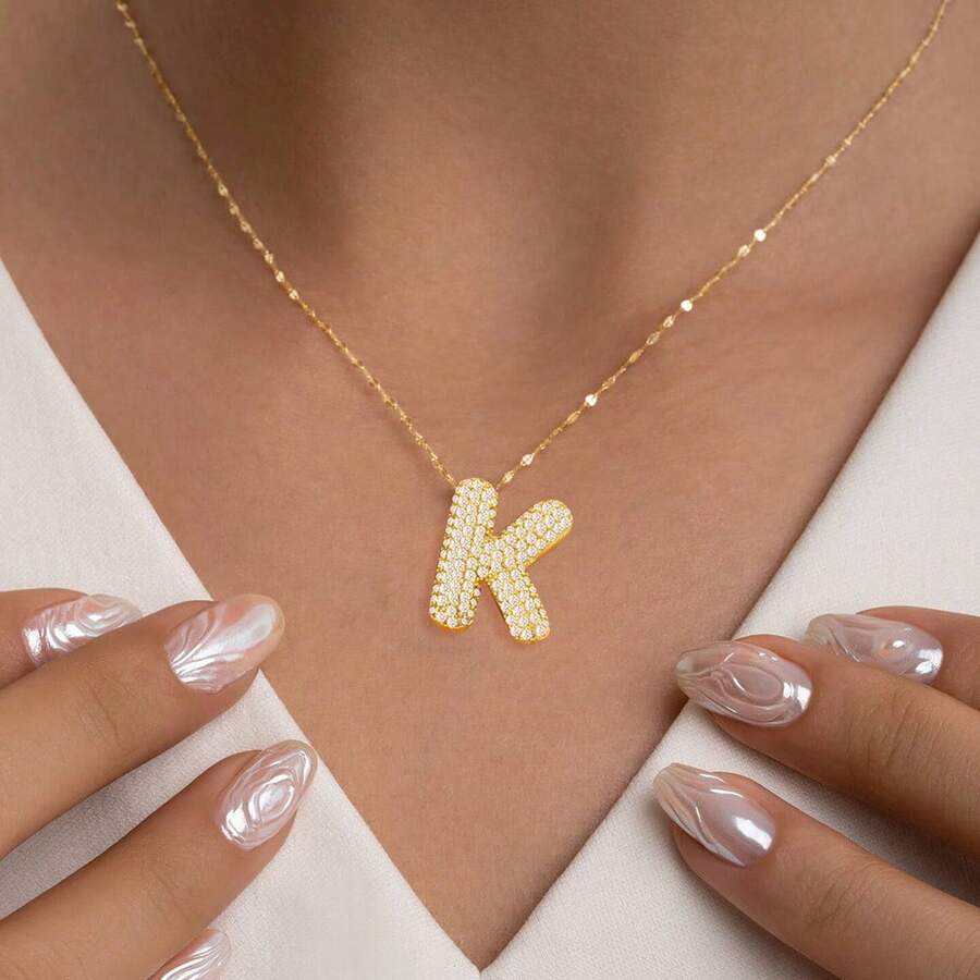 1pc Fashion Simple Initial Pendant Stainless Steel Lip Chain Necklaces For Women - Yellow Gold - View 1