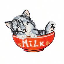 1 pieza Parche bordado con gatito lindo, parche con diseño de gatito en tazón de leche, para planchar, decoración de bordado DIY - Multicolor - Ver 6