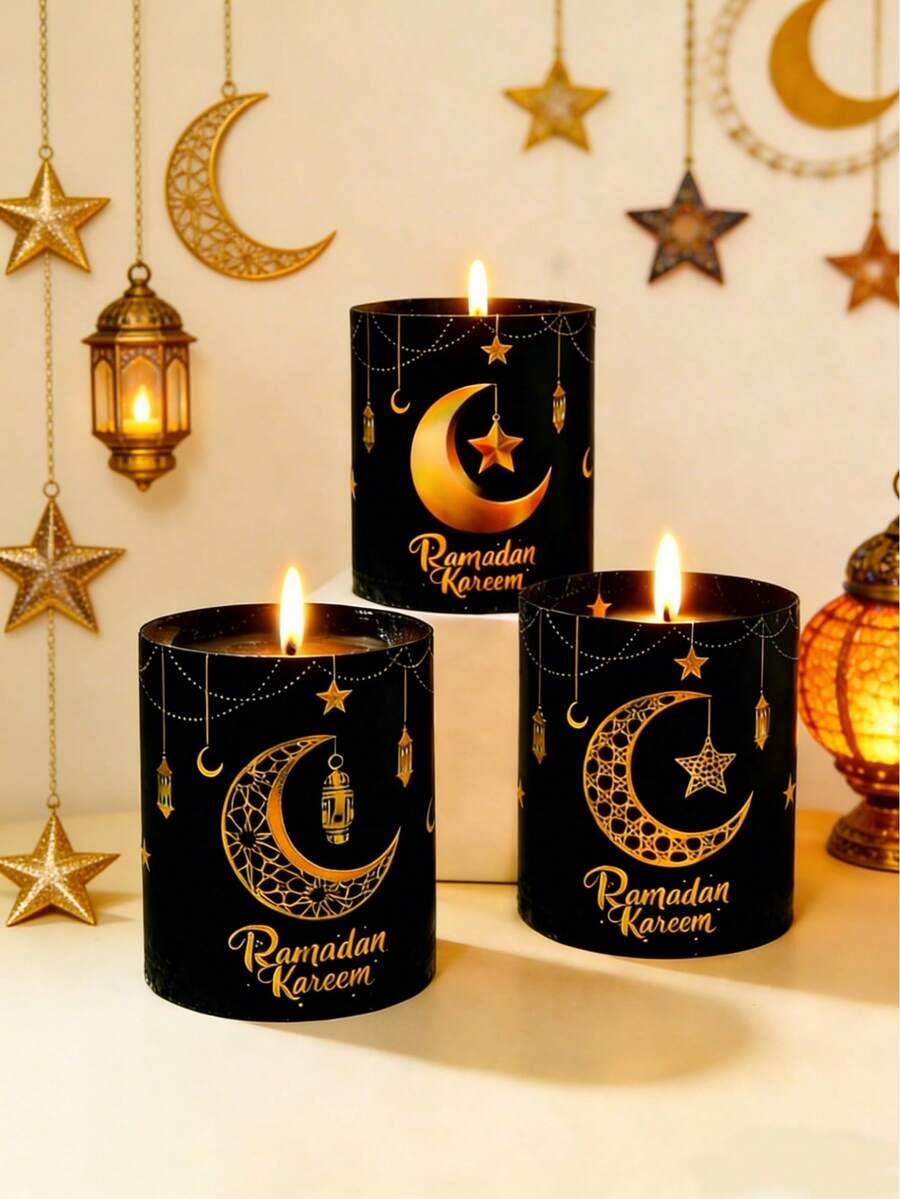 6/12个装斋月黑金灯笼灯罩，PVC材质，月亮和星星图案，开斋节灯笼桌饰，灯罩（不含蜡烛和灯串），伊斯兰斋月派对桌饰，斋月派对用品，斋月吉祥装饰，斋月家居装饰，开斋节吉祥装饰，宰牲节礼物