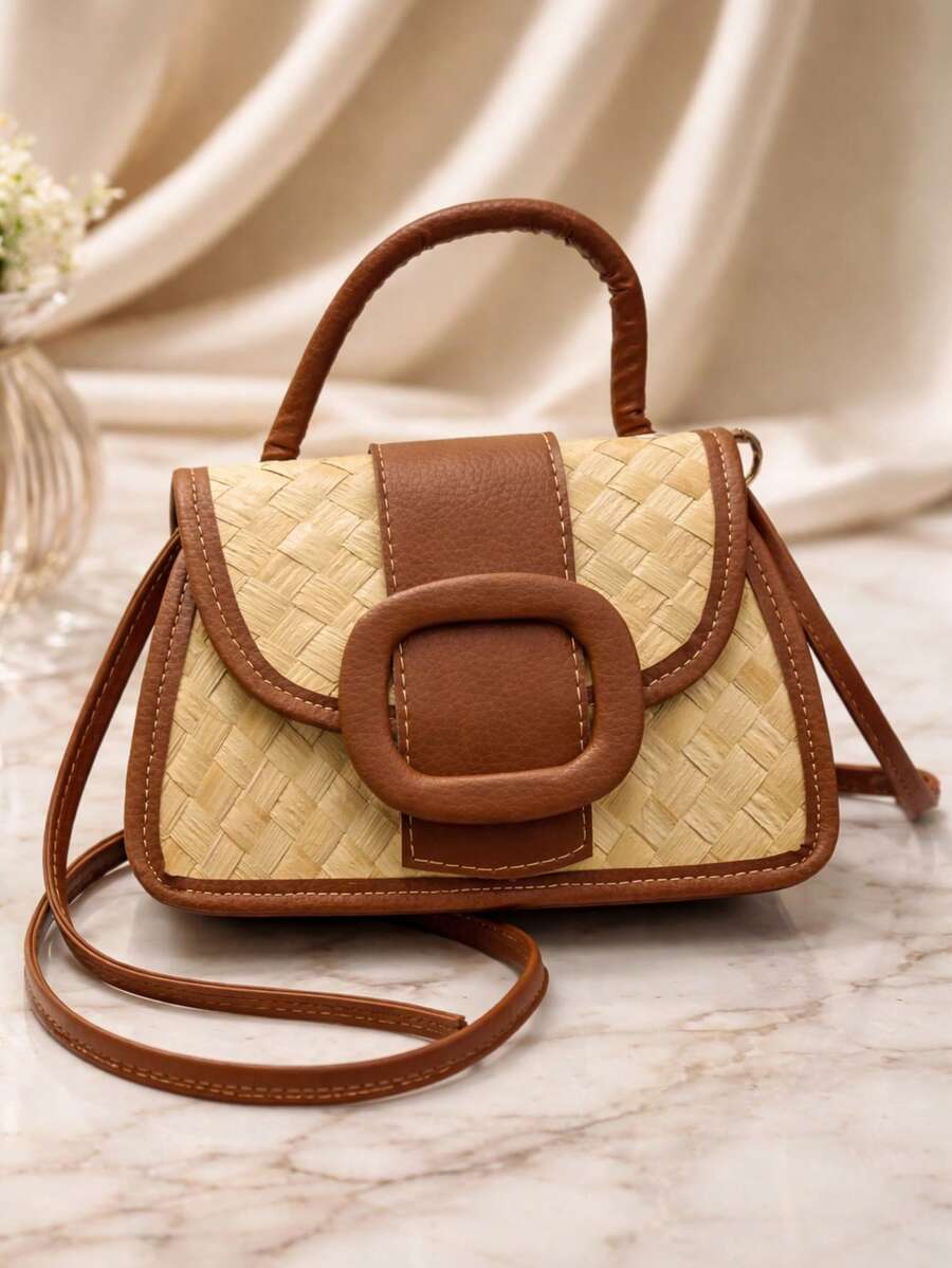 Metallic Straw Party Bag With Buckle, Hand Strap, And Adjustable Strap - 棕色 - 查看 1