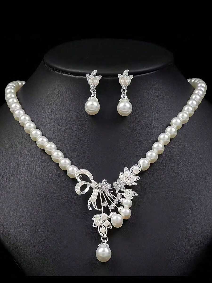 1 Set Classic Y-Shaped Glass Pearl Necklace And Earrings, Bridal Wedding, Party Dress Accessory Set, 1 Necklace And 1 Pair Of Earrings - Beige Phoenix Tail - View 1