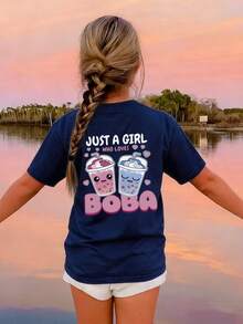 1pc Girls Casual Pearl Milk Tea Graphic Print Crew Neck Short Sleeve T-Shirt, Summer Student Youth Apparel - Artistic Style Tee To Inspire Imagination And Self-Expression! - Navy Blue - View 3