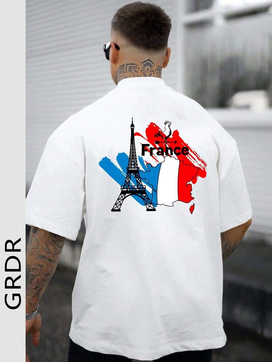 GRDR 男士夏季法式元素印花圆领短袖T恤，休闲款 - 白色 - 查看 1