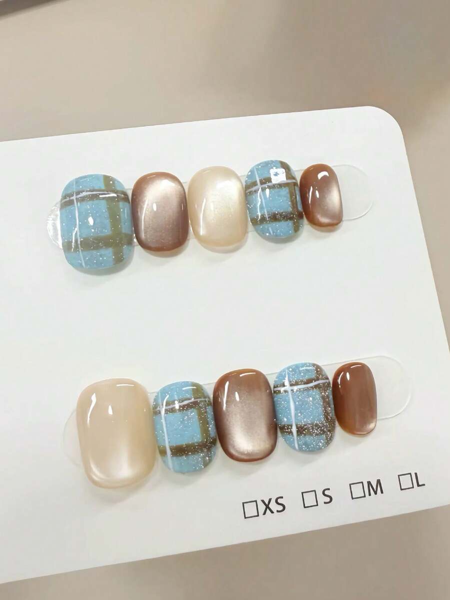 10pcs Pure Handmade Press On Nails Short Nails Oval Nails Blue And Brown Nails Retro Plaid Style Blue With Brown Cat Eye Hand-Painted Plaid Minimalist Versatile Press-On Nails For Women And Girl,Spring Summer Fall Winter Festivals Party And Daily Life Use Handmade Press On Nails - Multicolor - View 1