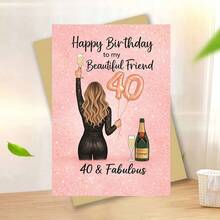 Cartão de aniversário de 40 anos para amiga - 'Feliz aniversário para minha linda amiga, 40 e fabulosa' - Ilustração divertida de champanhe e balão - Inclui envelope - Presente perfeito e glamoroso para celebrar o aniversário de 40 anos da sua melhor amiga com estilo e alegria. - Peça única - Ver 10