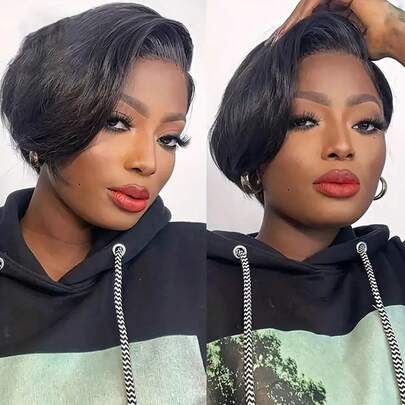 6英寸女士时尚复古短直发波浪纯人发短假发，预修剪发际线，机器编织短波浪波波头，适合日常佩戴