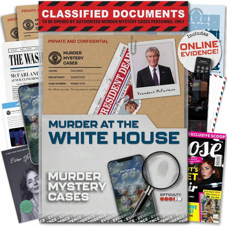 华盛顿特区成人惊悚悬疑游戏 - 37条证据，150分钟游戏时长（难度3.5/5） - 冷案档案游戏，适合1-10名玩家 - 彩色 - 查看 1