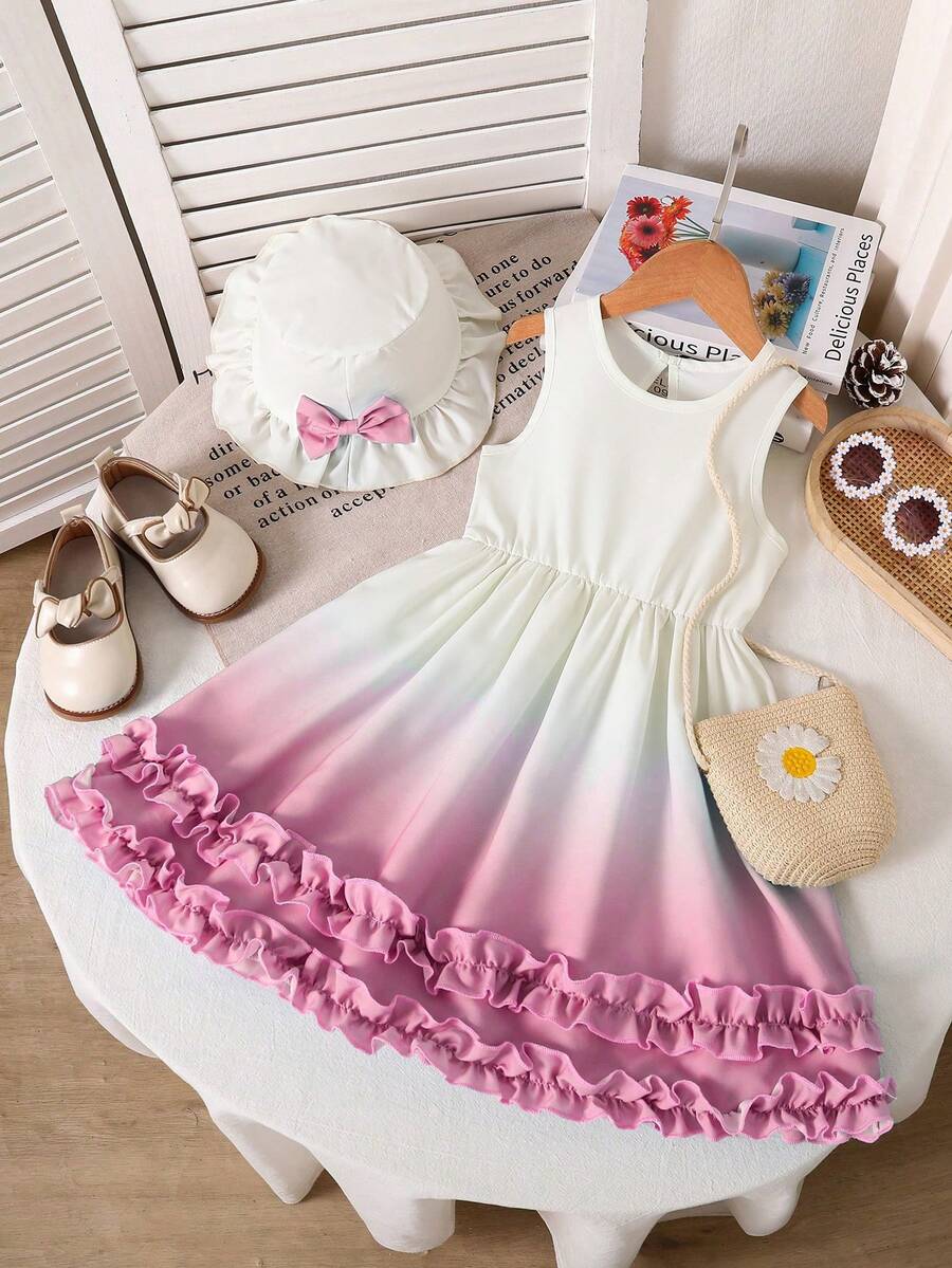 Đầm công chúa màu xanh lam và trắng ombre ngọt ngào cho bé gái, kèm mũ cài nơ ton sur ton, chất liệu nhẹ nhàng + chân váy xếp ly đôi, thích hợp cho chuyến đi biển, tiệc sinh nhật hoặc chụp ảnh, giúp bé biến hóa ngay lập tức thành một nàng công chúa cổ tích trong mơ, thoải mái và ăn ảnh. - Hồng - Xem 1
