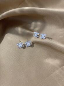 LADYCOCO 两对时尚立方氧化锆奢华银色闪亮耳环套装，适合女士日常佩戴 - 銀色 - 查看 2