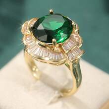 Nhẫn đá Cubic Zirconia màu xanh lá cây tổng hợp thời trang, phù hợp cho phụ nữ dự tiệc cưới, tiệc tùng, dạ hội, là phụ kiện trang sức đeo tay tinh tế. - Vàng - Xem 3