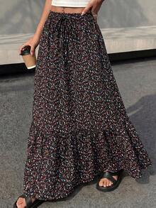 Women Floral Boho Elastic High Waist Flowy Tiered A-Line Maxi Skirt Spring Summer Holiday Beach Vacation Long Skirts With Pockets - 黑色紅色花 - 查看 3