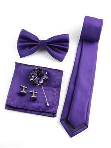 ZONFAZ Bộ 5 món thời trang công sở nam gồm cà vạt kẻ caro, nơ, khăn cài túi áo, khuy măng sét và ghim cài ve áo, phù hợp cho đám cưới, lễ kỷ niệm và mặc hàng ngày. - Màu tím  Violet - Xem 4