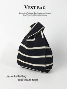 Tas Tangan Mini Ringan Lipat Lucu Berwarna Biru Resin Berongga Bernapas Rajutan Kontras Warna, Cocok Untuk Liburan, Pemotretan Foto, Sekolah Untuk Siswa Perempuan - Hitam dan Putih - View 6