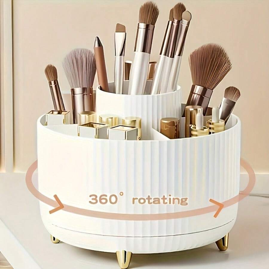Makeup Brush Holder, 360° Rotating Makeup Brush Organizer, Spacious Storage Box With 5 Compartments, Make Up Brushes Cup For Cosmetics, Large Capacity Storage Box, Space-Saving Organizer For Brushes, Lipsticks, Stationery, And Art Supplies, For Nail Polish, Art Supply, Bathroom Vanity, Cosmetics Organizer, Cream - Nhiều kiểu dáng - Xem 1