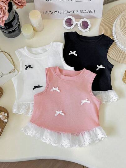 3 件套年轻女孩时尚蕾丝花边休闲无袖罗纹背心，百搭蝴蝶结设计，新款户外春夏