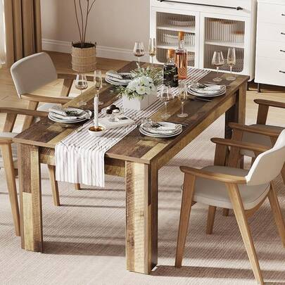 Dragonpad Farmhouse Rectangular Dining Table With Thick Top & 4 Strong Legs, 63inch Long Sturdy Wood Rustic Kitchen Table, Dining Room Furniture For Hallway Kitchen, Easy Assembly, Not Include Chairs