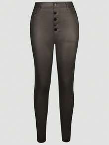 Apperloth A Rave 复古高腰弹力纽扣门襟保暖抓绒 PU 皮革修身锥形裤，感恩节休闲装 - 摩卡棕 - 查看 1