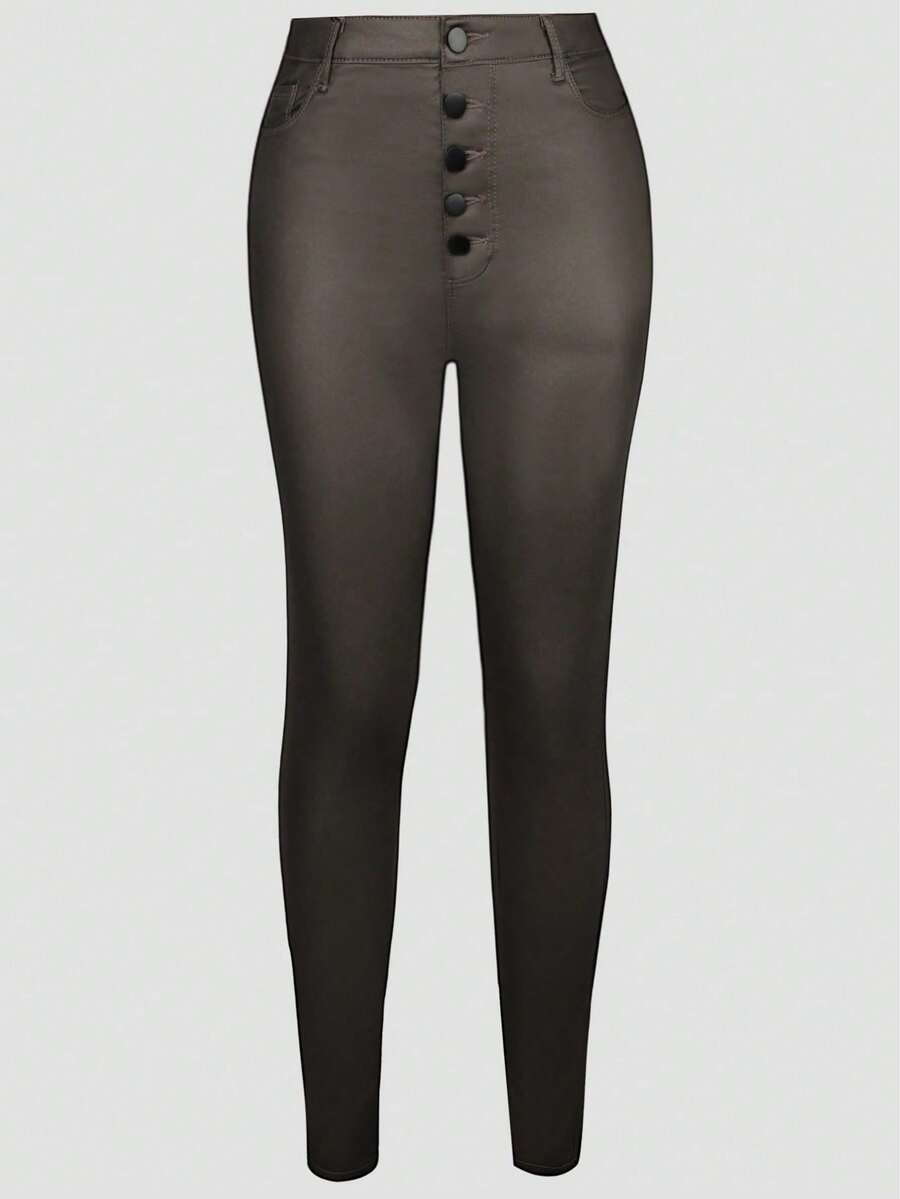 Apperloth A Rave 复古高腰弹力纽扣门襟保暖抓绒 PU 皮革修身锥形裤，感恩节休闲装 - 摩卡棕 - 查看 1