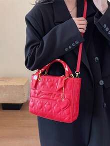 1pc Women's Heart Embossed Scarf Pendant, Textured PU Leather, Can Hold Phone & Lipstick, Zipper, Elegant Lady Style, Suitable For Wedding & Party - Red - View 4