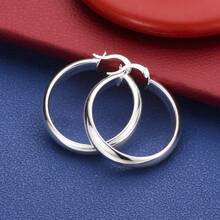 925 Sterling Silver Plated 35mm Simple Round Earrings For Women, Fashionable And Charming Wedding Jewelry, Party Gift - Silver - View 1