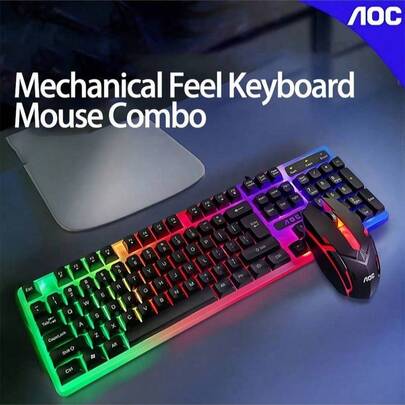 AOC Teclado, combo de teclado y mouse para juegos, mouse para juegos de calidad profesional, teclado mecánico con sistema de retroiluminación dinámico, diseño ergonómico, plug and play, sin controladores, equipo de deportes electrónicos integral.