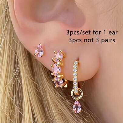 Bộ 3 đôi bông tai đính đá Cubic Zirconia thanh lịch, màu hồng, phù hợp cho nữ giới đeo hàng ngày, hẹn hò, dự tiệc (chỉ đeo một bên tai).
