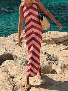 女士纹理面料条纹多巴胺直筒开衩连衣裙，度假罩衫 - 彩色 - 查看 2