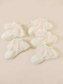 5 Pairs Girls' Casual Ruffled Lace Trim Socks, Breathable Lace Trim Socks, Princess Style, Suitable For Daily Wear/Valentine's Day Outfit, Spring/Summer - Beige - View 4