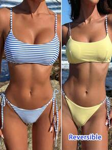 女士泳装，夏季比基尼泳装，休闲度假条纹印花，白色和蓝色细肩带内置胸罩露脐上衣，适合度假、海滩、音乐节、泳池和海滨城市，波西米亚风格2026春夏海滩装 - 藍色 - 查看 10