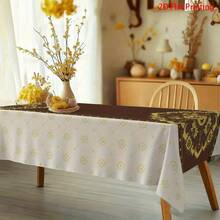 1pc Vintage Golden Symmetrical Tablecloth On Brown Background, Soft Reusable 2D Flat Cover, Easy-Clean Design For Rectangular, Round & Oval Tables, All-Season Indoor & Outdoor Use - 彩色 - 查看 6