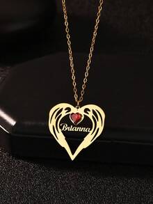 1pc Customized Hollow Heart Name & Birthstone Necklace, Gold Personalized Month Stone Stainless Steel Necklace, Valentine's Gift For Wife/Girlfriend - Multicolor - View 7