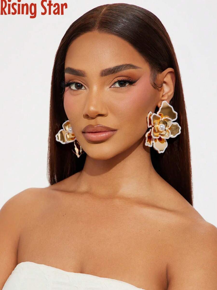 1对复古夸张三层金属花朵耳钉，精致花朵造型耳环，花朵装饰水滴耳环，节日派对珠宝耳环，复古优雅小众耳环，金色耳环 - 3層滴油花耳環 - 查看 1