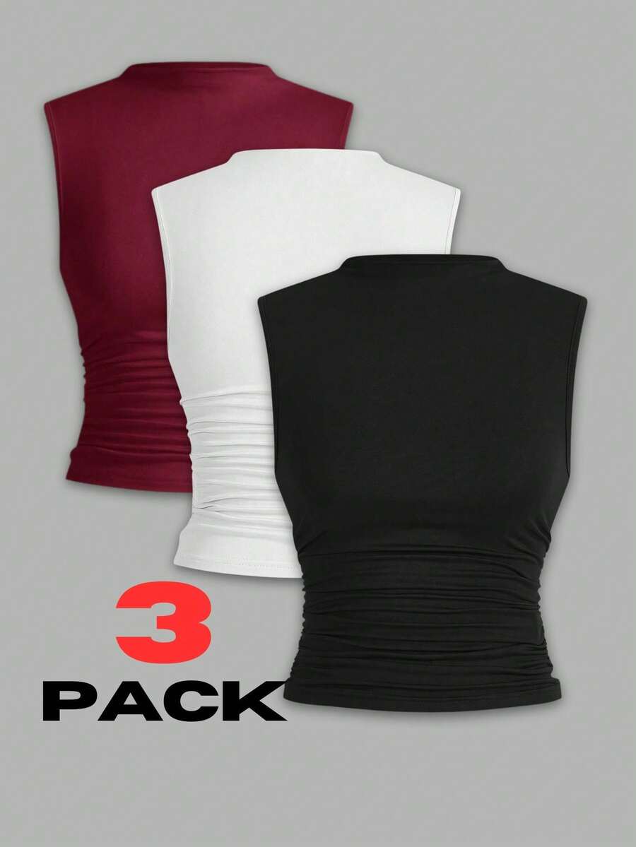 3-Piece Sleeveless Pleated Blouse Set - 黑色/白色/酒紅色 - 查看 1