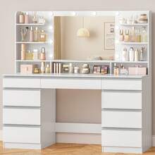 HaluPeit Dressing Table With Bulb Light, Vanity Desk With 1 Large Drawer And 8 Small Drawer Cabinets, Adjustable Brightness, Large HD Mirror, 9 Open Storage Areas, 150 Desktop, White - White - View 1