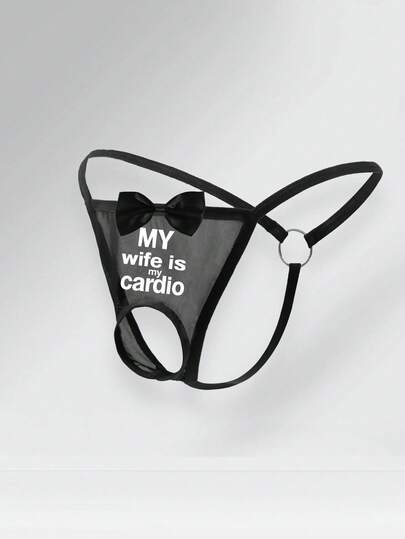 Men's Mesh Sheer Letter Print Sexy Comfortable Breathable Elastic Thong Underwear With Small Ring And Bow Decor