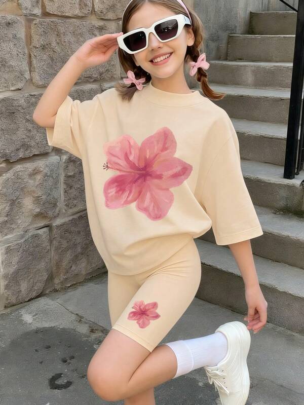 2 piezas Conjunto estético de vacaciones para adolescentes, camiseta oversize con estampado de flor de hibisco, shorts de ciclista, para compras con amigas, salidas de fin de semana, uso diario casual