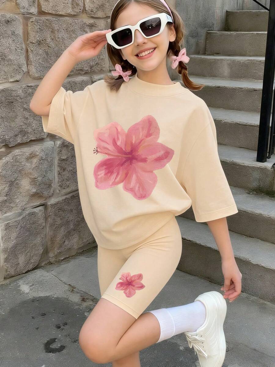 两件套少女度假风套装,芙蓉花印花宽松T恤,骑行短裤,适合朋友购物、周末聚会、日常休闲穿着 - 杏色 - 查看 1