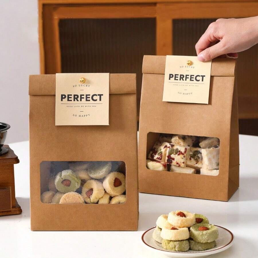10 PCS Kraft Paper Bakery Bags Self Standing Food Bags For Pastries Cookies And Baked Goods - Màu vàng - Xem 1