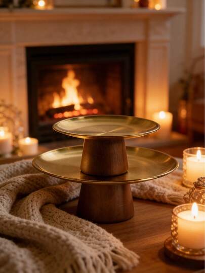 1pc Luxury Stainless Steel Fruit Plate, Elegant Cake Stand, Acacia Wood Serving Tray For Living Room Coffee Table, Party Fruit Plate, Suitable For Christmas/Halloween