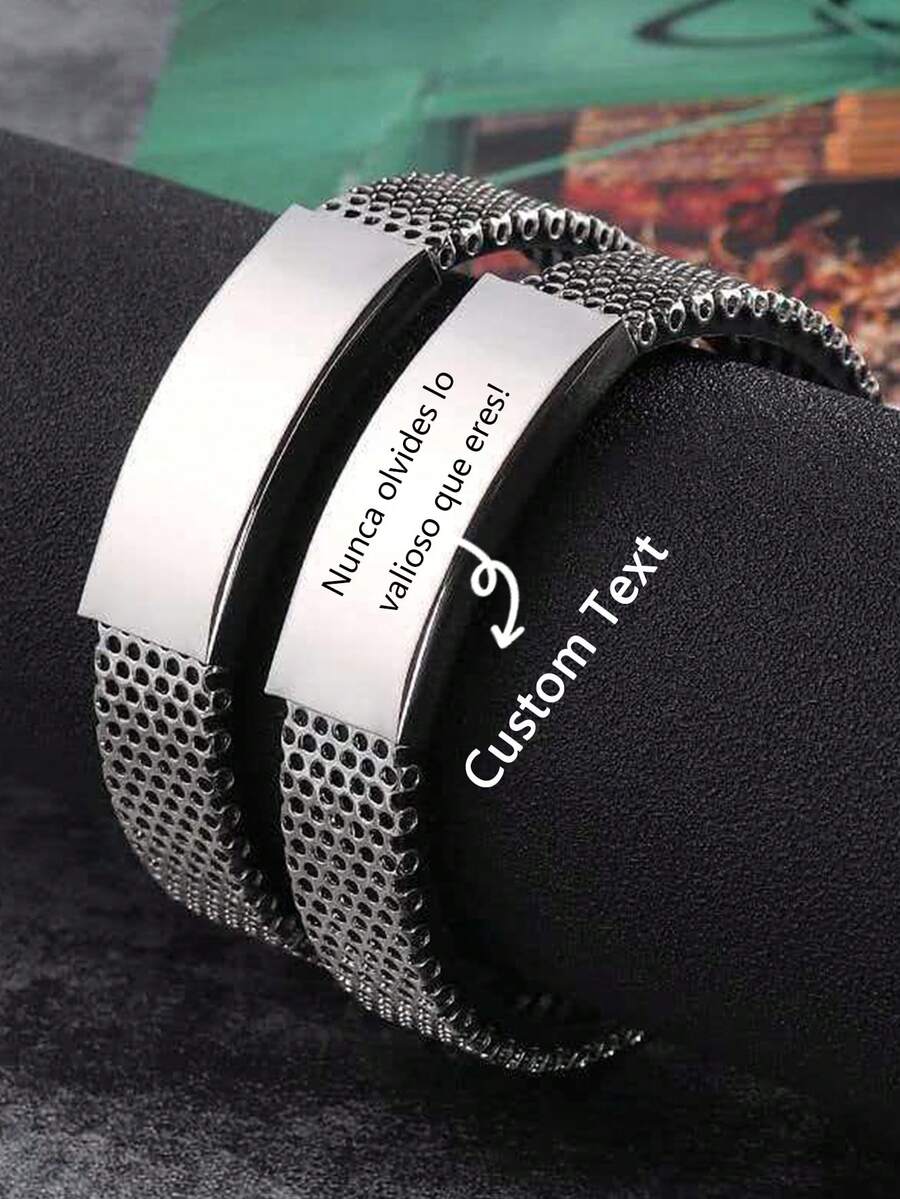 1pc Laser Engraved Customizable Bracelet, Personalized Text Gift For Men - Silver - View 1