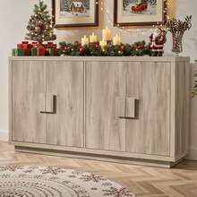 Buffet Cabinet With Storage, 63" Mid-Century Modern Sideboard Cabinet With 4 Doors & Shelves, Wooden Kitchen Coffee Bar Credenza Storage For Living Room, Dining Room, Hallway, 32'' Wide / 63" Wide - 63 inch Light Grey - 查看 1