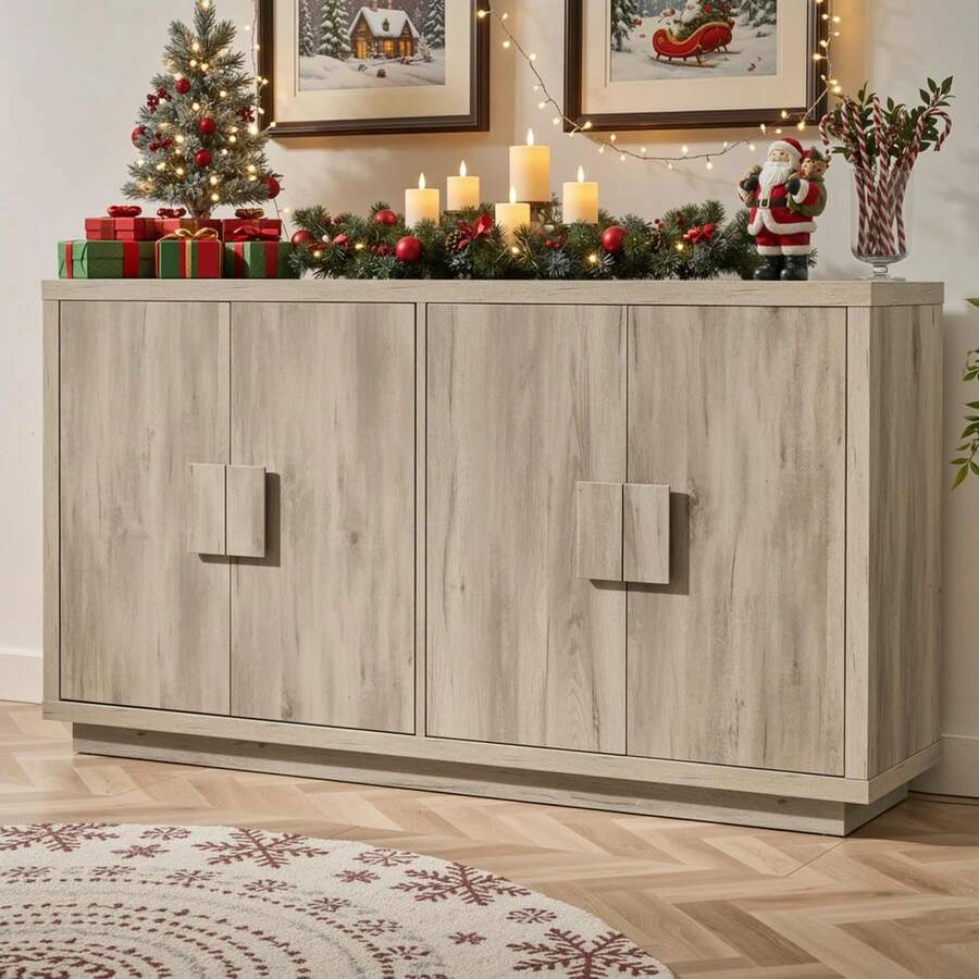 Buffet Cabinet With Storage, 63" Mid-Century Modern Sideboard Cabinet With 4 Doors & Shelves, Wooden Kitchen Coffee Bar Credenza Storage For Living Room, Dining Room, Hallway, 32'' Wide / 63" Wide - 63 inch Light Grey - 查看 1
