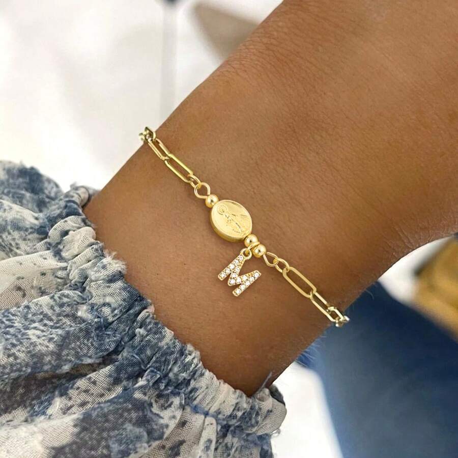 1件新款时尚金色字母玛丽妈妈吊坠不锈钢回形针链手链，女士款 - 金黃色 - 查看 1