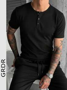 GRDR Men's Classic Solid Color Henley Neck Short Sleeve Shirt, Casual Essential Item, Summer Wardrobe Must-Have - Black - View 6
