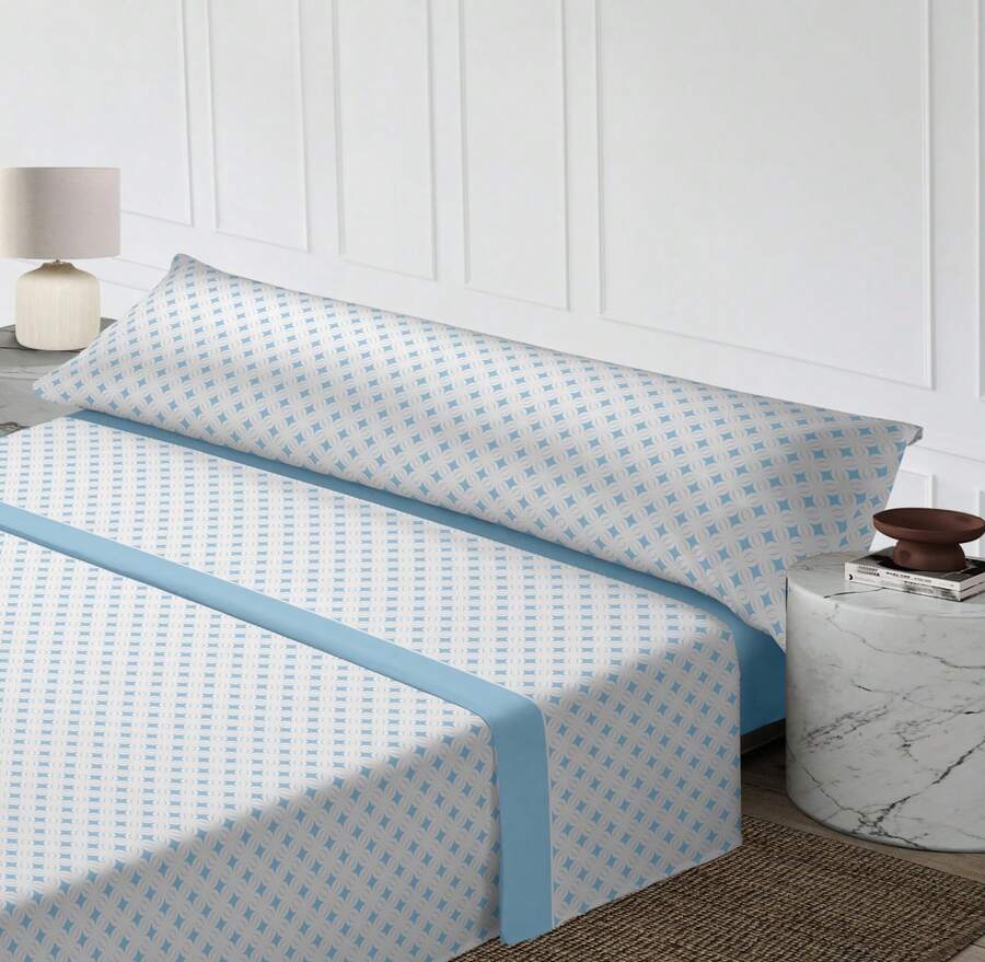 Breathable Sheet Set (50% Cotton), Anti-Pilling Guarantee, Soft And Durable. Includes Flat Sheet, Fitted Sheet, And Pillowcase. - Màu xanh nhạt - Xem 1