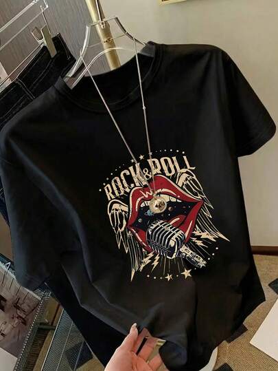 Women's Casual Rock Vintage Microphone Lip Print Star Slogan Round Neck Short Sleeve T-Shirt, Suitable For Spring, Summer, Autumn, Valentine's Day/Back To School