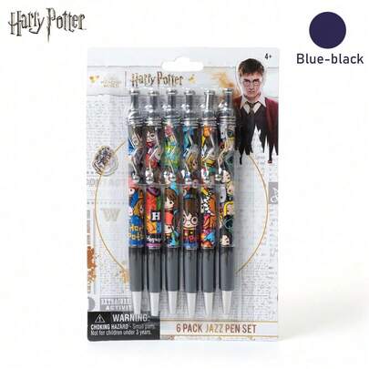 Warner Bros 1Set Of 6pcs Harry Potter Official Licensed Kawaii Chibi Jazz Pen Set – Smooth Blue Black Ink Aesthetic Desk Gift Set Wizard Desk Decor Anime Office Supplies Christmas Gift Holiday Stocking Stuffer Back To Campus Small Gift Birthday Party Favor