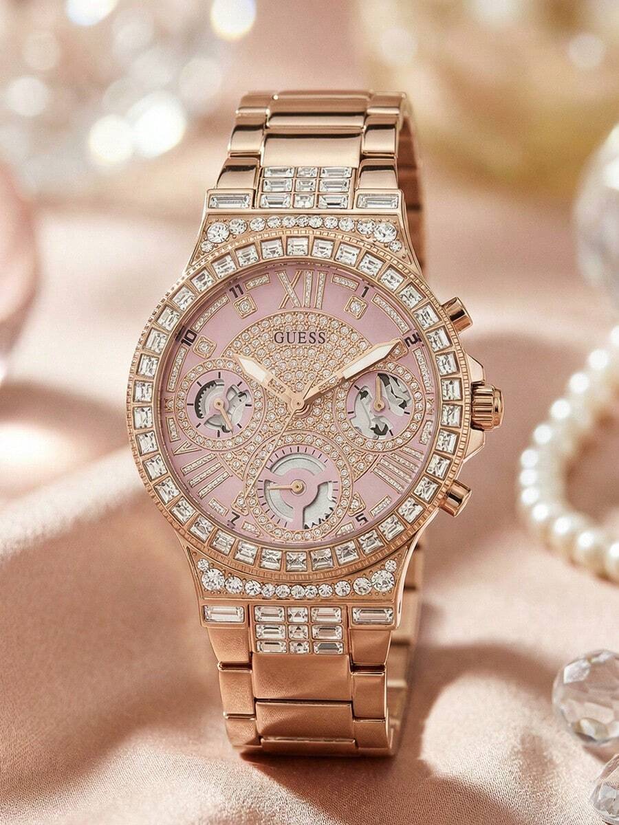 Guess Women's Luxury Rose Gold "Diamond" Watch, Pink Crystal Embedded Dial With Rectangular Diamond Inlay, Sparkling Party Wristwatch GW0320L6 - Rose Gold - View 1