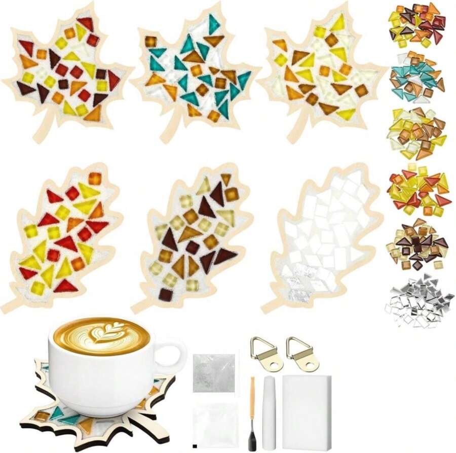 Honeydak 6 Sets DIY Glass Mosaic Tiles With 6 Wooden Coasters Making Mosaic Crafts Material Package Mixed Stained Glass For Handmade Colorful Home Decor Gift Indoor(Maple Leaf,Autumnal Color) - ColorD - 查看 1